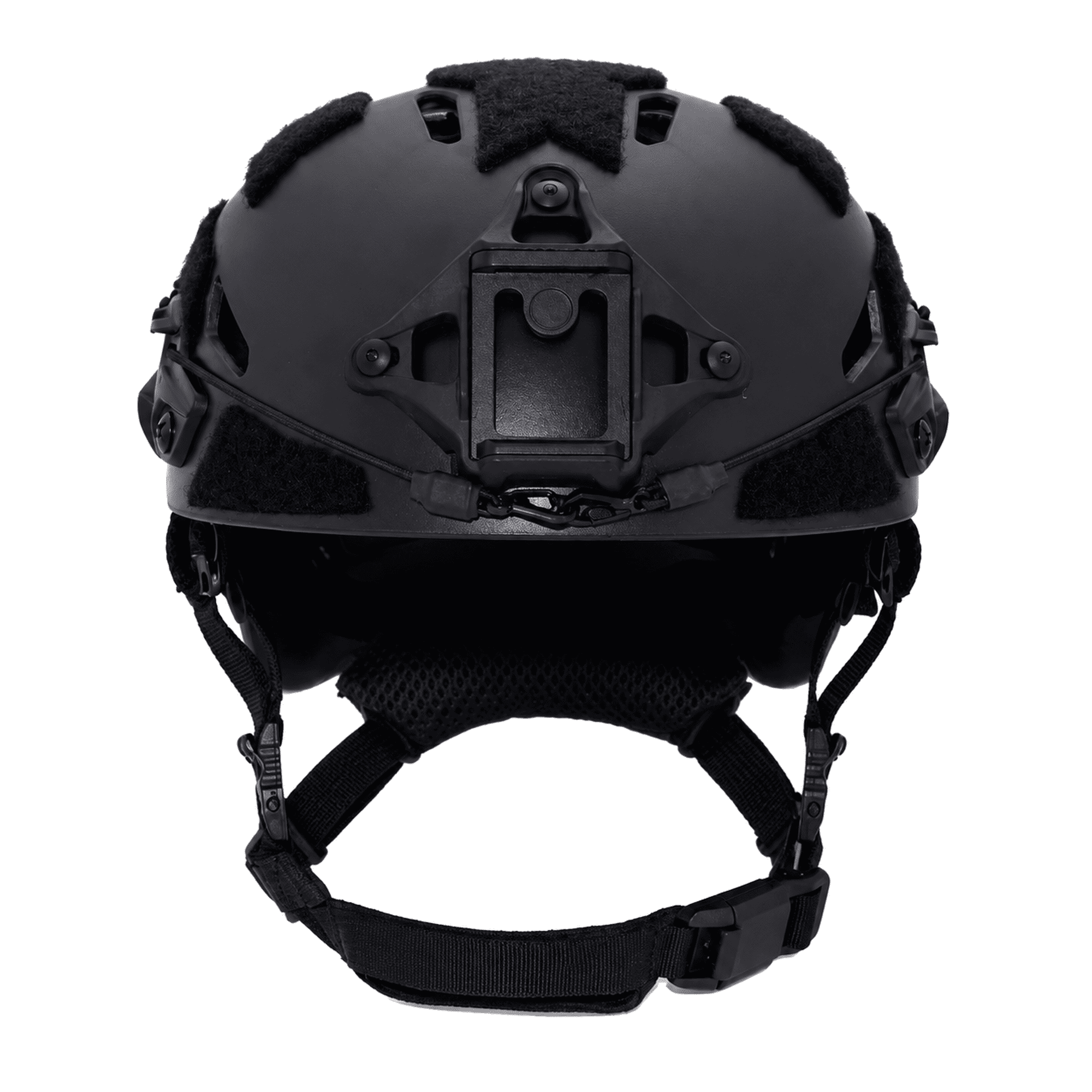 Front view of a black DIVEBEAM diving helmet showing the action camera mount, accessory rails, and adjustable chin strap.