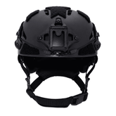 Front view of a black DIVEBEAM diving helmet showing the action camera mount, accessory rails, and adjustable chin strap.