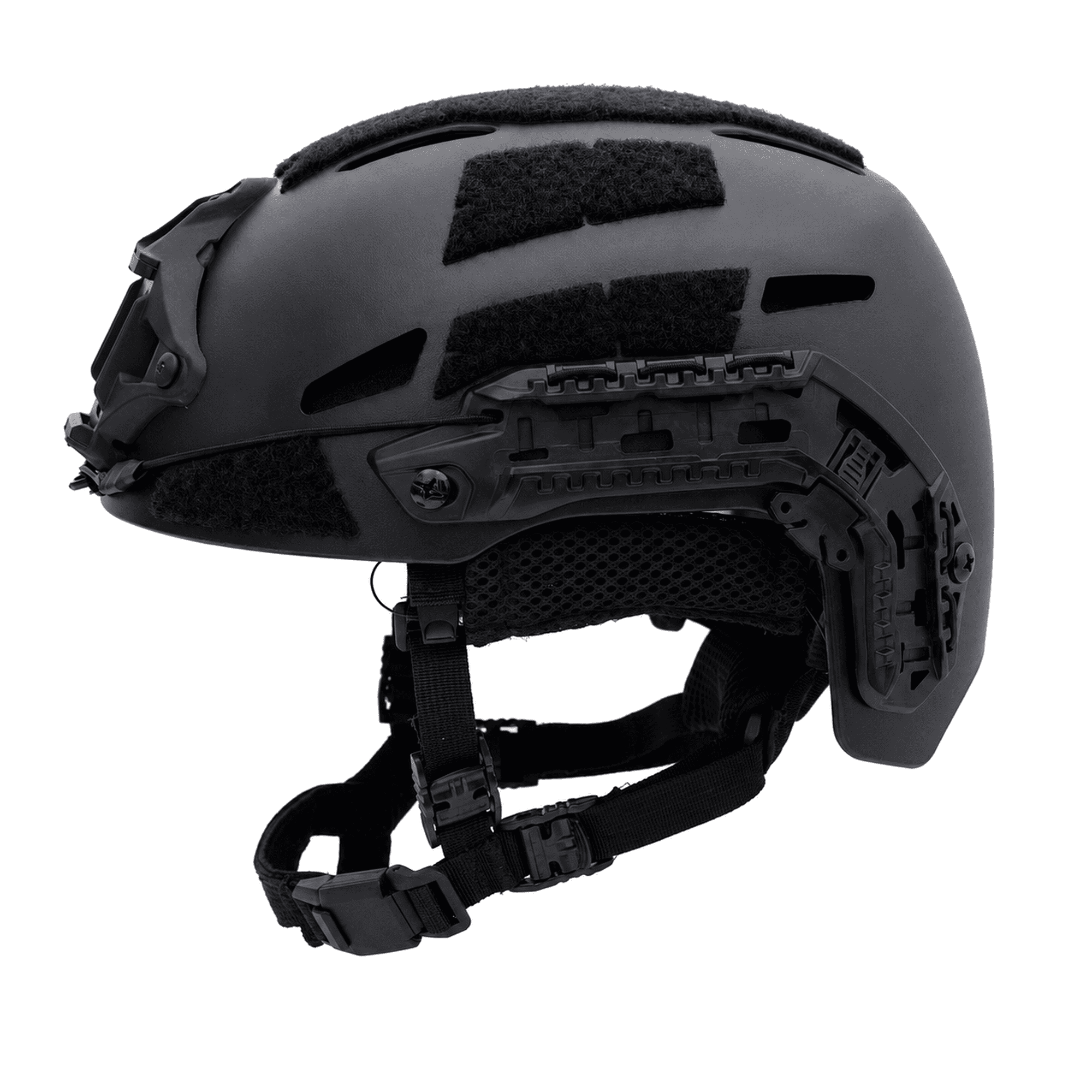 Right-side view of a black DIVEBEAM diving helmet with accessory rails, ventilation openings, and an adjustable chin strap.