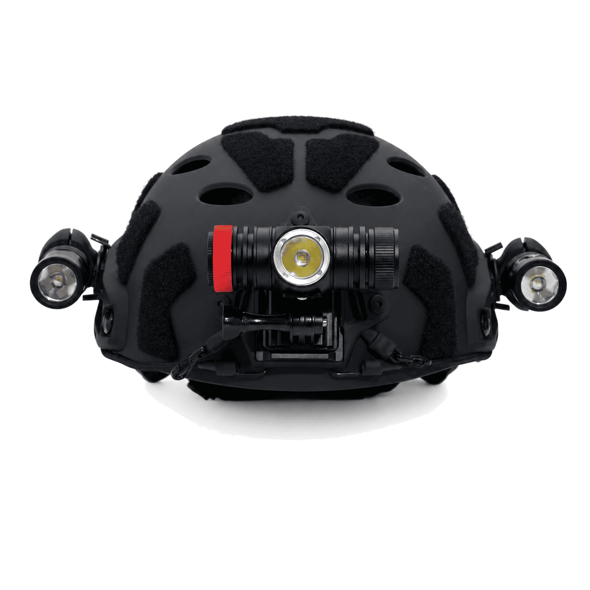 Front view of a black DIVEBEAM diving helmet fitted with one front-mounted dive light and two side-mounted dive lights.
