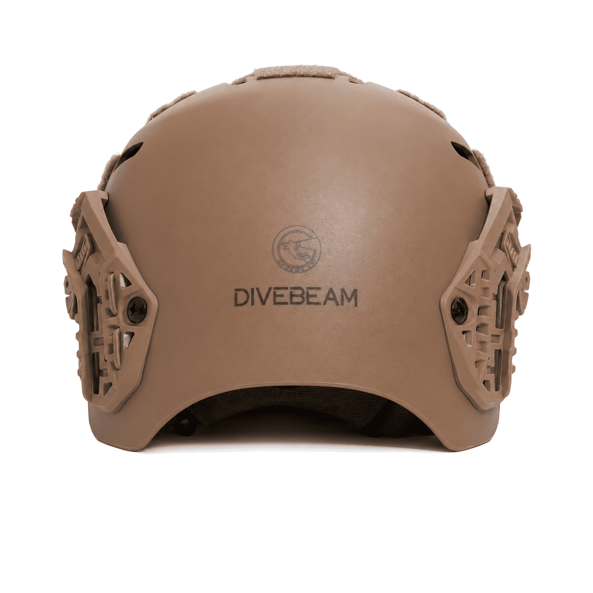 Rear view of a tan DIVEBEAM diving helmet showing the DIVEBEAM logo, curved shell, and side accessory rails.