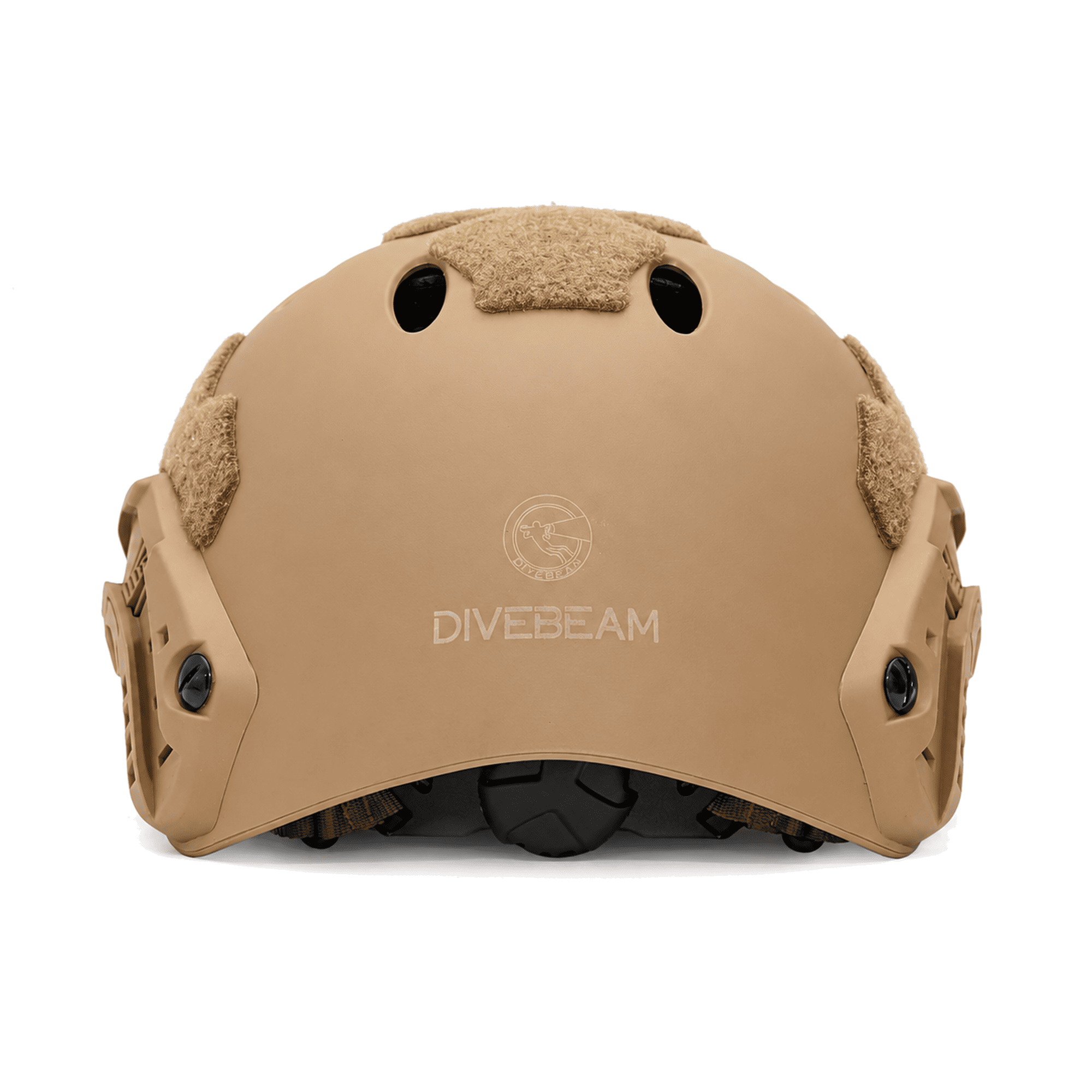Rear view of a tan DIVEBEAM diving helmet showing the DIVEBEAM logo, accessory rails, and fit adjustment dial.